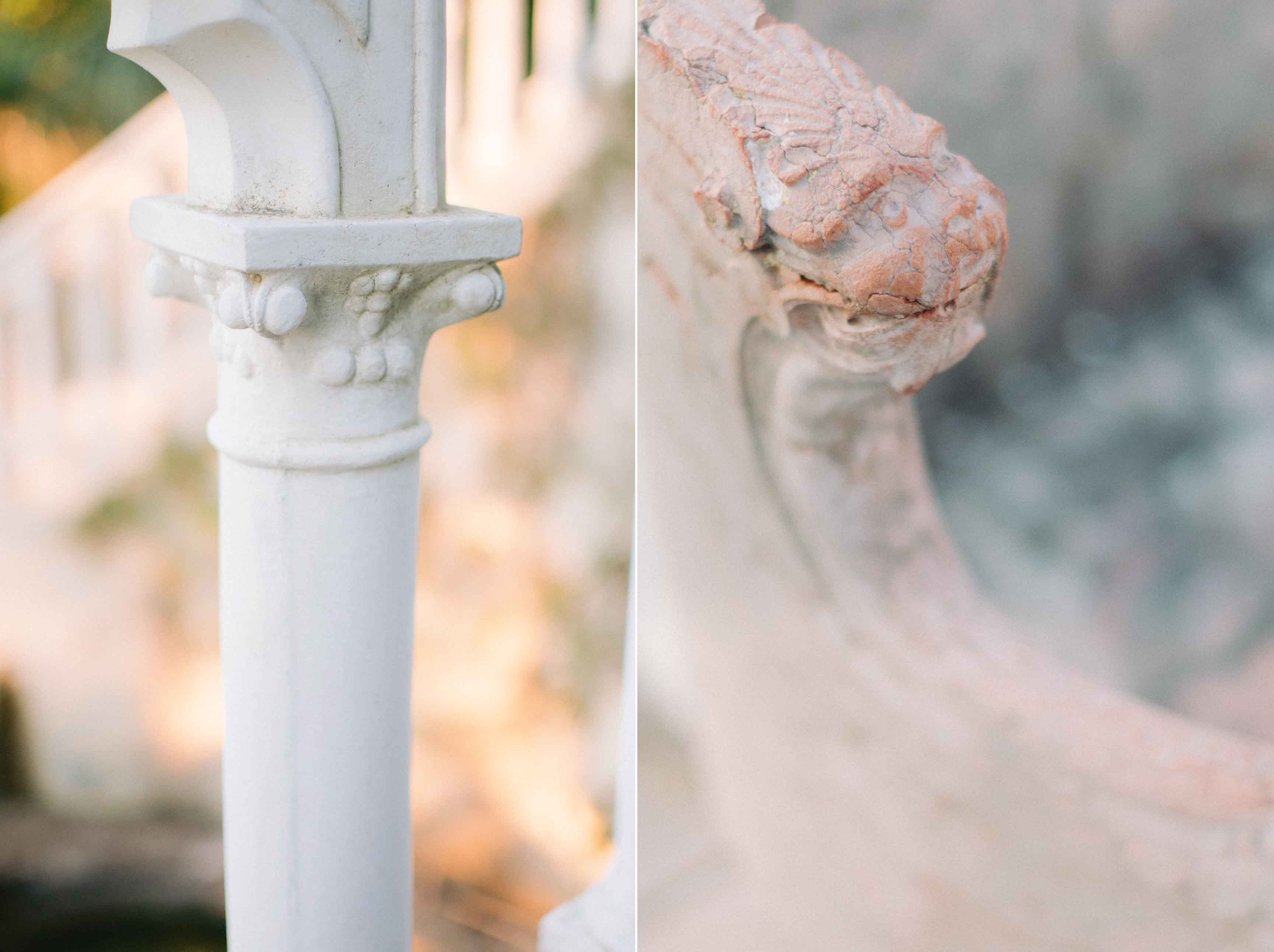 Carved stone and architectural fragments in the gardens of Villa Ephrussi de Rothschild